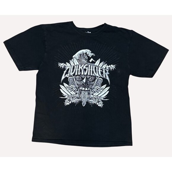 Quiksilver Vintage Grunge Black Tee Shirt Size L Slim Fit Surfing Skeleton Graph - Picture 2 of 10